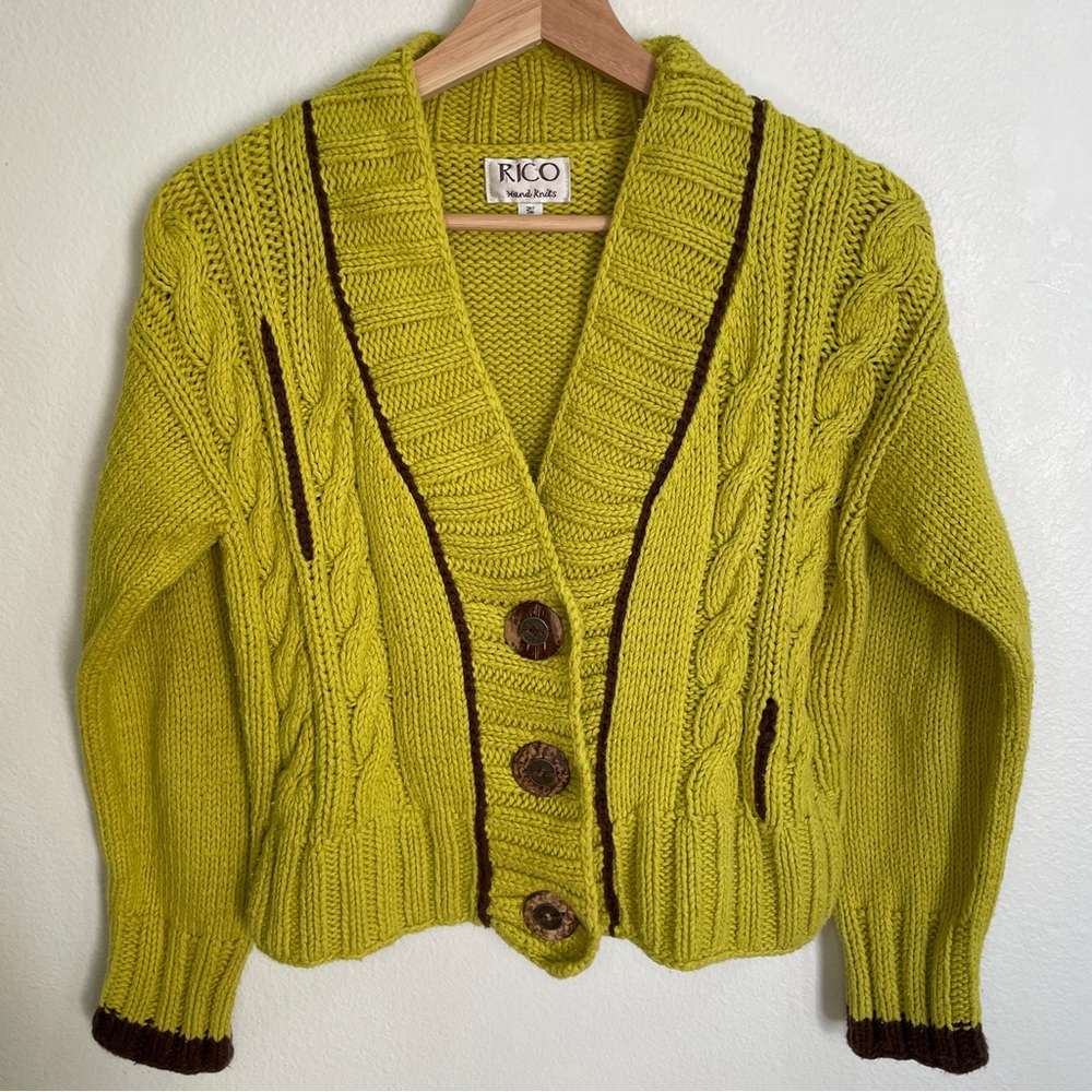 Vintage Rico Hand Knits Chunky Knit Cropped Statement Buttons Cotton Cardigan